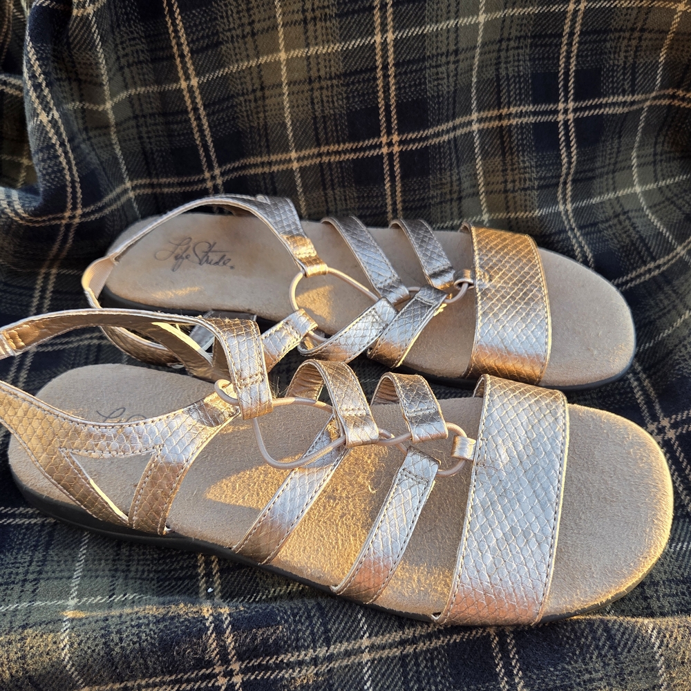 Life Stride Metallic Rose Gold Strappy Sandals with Textured Straps